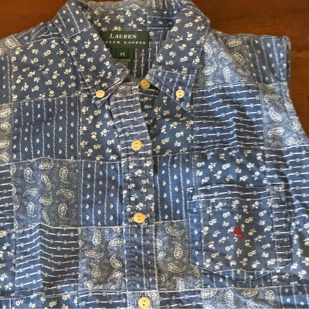 Lauren Ralph Lauren green label sleeveless chambray button front top - Picture 2 of 12